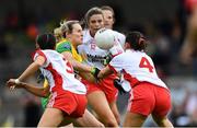 20 July 2019; Karen Gutherie of Donegal in action against Tyrone players, from left, Joannne Barrett, Aoibhinn McHugh, and Caoileann Conway during the TG4 All-Ireland Ladies Football Senior Championship Group 4 Round 2 match between Donegal and Tyrone at TEG Cusack Park in Mullingar, Co. Westmeath. Photo by Piaras Ó Mídheach/Sportsfile