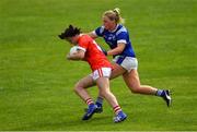 20 July 2019; Eimear Scally of Cork is tackled by Laura Fitzpatrick of Cavan during the TG4 All-Ireland Ladies Football Senior Championship Group 2 Round 2 match between Cork and Cavan at TEG Cusack Park in Mullingar, Co. Westmeath. Photo by Piaras Ó Mídheach/Sportsfile
