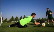 20 July 2019; George McMahon with goalkeeping coach Dermot O'Neill during a Republic of Ireland training session ahead of their final group game of the 2019 UEFA European U19 Championships at the FFA Technical Centre in Yerevan, Armenia. Photo by Stephen McCarthy/Sportsfile