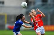 20 July 2019; Orla Finn of Cork in action against Sheila Reilly of Cavan during the TG4 All-Ireland Ladies Football Senior Championship Group 2 Round 2 match between Cork and Cavan at TEG Cusack Park in Mullingar, Co. Westmeath. Photo by Piaras Ó Mídheach/Sportsfile