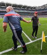 20 July 2019; Tyrone manager Mickey Harte shakes hands with Cork manager Ronan McCarthy following the GAA Football All-Ireland Senior Championship Quarter-Final Group 2 Phase 2 match between Cork and Tyrone at Croke Park in Dublin. Photo by David Fitzgerald/Sportsfile