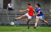 20 July 2019; Orlagh Farmer of Cork scores her side's sixth goal as Joanne Moore of Cavan looks on during the TG4 All-Ireland Ladies Football Senior Championship Group 2 Round 2 match between Cork and Cavan at TEG Cusack Park in Mullingar, Co. Westmeath. Photo by Piaras Ó Mídheach/Sportsfile