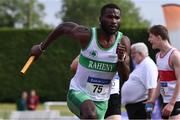 20 July 2019; Brandon Arrey of Raheny Shamrock leads his team home to win the Premier Men's 4x400m Relay  during the AAI National League Final at Tullamore Harriers Stadium in Tullamore, Co. Offaly. Photo by Matt Browne/Sportsfile