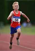21 July 2019; Oisin Larkin of Enniscorthy AC, Co Wexford, competing in the Boys U12 60m event during the Irish Life Health Juvenile B’s & Relays at Tullamore Harriers Stadium in Tullamore, Co. Offaly. Photo by Piaras Ó Mídheach/Sportsfile
