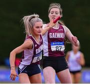 20 July 2019; Nicole Walsh of Galway County takes the baton from Sinead Treacy before leading her team home to win the Premier Women 4x400m Relay during the AAI National League Final at Tullamore Harriers Stadium in Tullamore, Co. Offaly. Photo by Matt Browne/Sportsfile