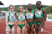 21 July 2019; Ireland athletes, from left, Alannah McGuiness, Katie Monteith, Adeymi Talabi and Patience Jumbo-Gula after competing in the Women's 4 x 100m Relay during Day Four of the European Athletics U20 Championships in Borås, Sweden. Photo by Giancarlo Colombo/Sportsfile