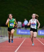 21 July 2019; Nicole Walker of An Ríocht AC, Co Kerry, left, and Orla Flynn of St. Coca's AC, Co Kildare, competing in the Girls U15 100m event during the Irish Life Health Juvenile B’s & Relays at Tullamore Harriers Stadium in Tullamore, Co. Offaly. Photo by Piaras Ó Mídheach/Sportsfile