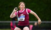21 July 2019; Aoibhinn Harte of Lios Tuathail AC, Co Kerry, competing in the Girls U14 shot put event during the Irish Life Health Juvenile B’s & Relays at Tullamore Harriers Stadium in Tullamore, Co. Offaly. Photo by Piaras Ó Mídheach/Sportsfile