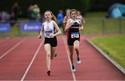 21 July 2019; Sadhbh Buckley of St. Coca's AC, Co Kildare, left, and Edel Murphy of Shercock AC, Co Cavan, competing in the Girls U14 800m event during the Irish Life Health Juvenile B’s & Relays at Tullamore Harriers Stadium in Tullamore, Co. Offaly. Photo by Piaras Ó Mídheach/Sportsfile