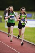 21 July 2019; Aoibhinn Gleeson of Killarney Valley AC, Co Kerry, front, and Katie Glynn of Monaghan Phoenix AC, Co Monaghan, competing in the Girls U14 800m event during the Irish Life Health Juvenile B’s & Relays at Tullamore Harriers Stadium in Tullamore, Co. Offaly. Photo by Piaras Ó Mídheach/Sportsfile
