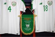 21 July 2019; The Republic of Ireland match pennant hangs in their dressing room prior to the 2019 UEFA U19 European Championship Finals group B match between Republic of Ireland and Czech Republic at the FFA Academy Stadium in Yerevan, Armenia. Photo by Stephen McCarthy/Sportsfile