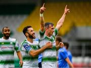 21 July 2019; Aaron McEneff of Shamrock Rovers, right, celebrates with team-mate Roberto Lopes after scoring his side's second goal during the SSE Airtricity League Premier Division match between Shamrock Rovers and UCD at Tallaght Stadium in Dublin. Photo by Seb Daly/Sportsfile