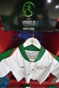21 July 2019; The jersey of Andy Lyons hangs in the Republic of Ireland dressing room prior to the 2019 UEFA U19 European Championship Finals group B match between Republic of Ireland and Czech Republic at the FFA Academy Stadium in Yerevan, Armenia. Photo by Stephen McCarthy/Sportsfile