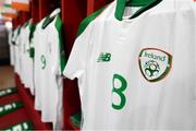 21 July 2019; The jersey of Niall Morahan hangs in the Republic of Ireland dressing room prior to the 2019 UEFA U19 European Championship Finals group B match between Republic of Ireland and Czech Republic at the FFA Academy Stadium in Yerevan, Armenia. Photo by Stephen McCarthy/Sportsfile