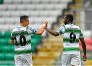 21 July 2019; Daniel Carr of Shamrock Rovers, right, is congratulated by team-mate Aaron McEneff after scoring his side's third goal during the SSE Airtricity League Premier Division match between Shamrock Rovers and UCD at Tallaght Stadium in Dublin. Photo by Seb Daly/Sportsfile