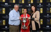 21 July 2019; Pearl Slattery of Shelbourne is presented the trophy by Marie McDonagh of SÓ Hotel and Women's National League Committee Chairman Myles Kelly following the SÓ Hotels Women's National League Cup Final match between Wexford Youths Women and Shelbourne at Ferrycarrig Park in Wexford. Photo by Harry Murphy/Sportsfile