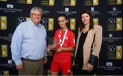 21 July 2019; Alex Kavanagh of Shelbourne is presented the player of the match award by Marie McDonagh of SÓ Hotel and Women's National League Committee Chairman Myles Kelly following the SÓ Hotels Women's National League Cup Final match between Wexford Youths Women and Shelbourne at Ferrycarrig Park in Wexford. Photo by Harry Murphy/Sportsfile