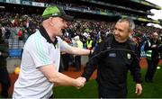 21 July 2019; Donegal manager Declan Bonner, left, and Kerry manager Peter Keane shake hands following the GAA Football All-Ireland Senior Championship Quarter-Final Group 1 Phase 2 match between Kerry and Donegal at Croke Park in Dublin. Photo by David Fitzgerald/Sportsfile