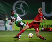 21 July 2019; Jonathan Afolabi of Republic of Ireland shoots to score his side's first goal despite the attention of David Zima of Czech Republic during the 2019 UEFA U19 European Championship Finals group B match between Republic of Ireland and Czech Republic at the FFA Academy Stadium in Yerevan, Armenia. Photo by Stephen McCarthy/Sportsfile
