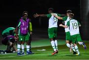 21 July 2019; Jonathan Afolabi, 9, of Republic of Ireland celebrates with team-mates after scoring his side's first goal during the 2019 UEFA U19 European Championship Finals group B match between Republic of Ireland and Czech Republic at the FFA Academy Stadium in Yerevan, Armenia. Photo by Stephen McCarthy/Sportsfile