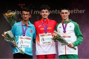 21 July 2019; Medallists, from left, Silver medallist Ayetullag Aslanhan of Turkey, Gold medallist Aaron Las Heras of Spain, and Bronze medallist Darragh McElhinney of Ireland following the Men's 5000m final during Day Four of the European Athletics U20 Championships in Borås, Sweden. Photo by Giancarlo Colombo/Sportsfile