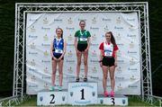 21 July 2019; Ellie Smyth of St. Peter's AC, Co Louth, second place, Annabelle Walsh of Ferrybank AC, Co Waterford, first place, Alexandra Mulcahy of Greystones & District AC, Co Wicklow, third place, after the Girls U14 High Jump event during the Irish Life Health Juvenile B’s & Relays at Tullamore Harriers Stadium in Tullamore, Co. Offaly. Photo by Piaras Ó Mídheach/Sportsfile