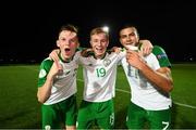 21 July 2019; Andy Lyons, left, Brandon Kavanagh and Ali Reghba, right, of Republic of Ireland celebrate following the 2019 UEFA U19 European Championship Finals group B match between Republic of Ireland and Czech Republic at the FFA Academy Stadium in Yerevan, Armenia. Photo by Stephen McCarthy/Sportsfile