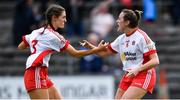 20 July 2019; Tyrone players Joannne Barrett, left, and Emma Jane Gervin celebrate after the TG4 All-Ireland Ladies Football Senior Championship Group 4 Round 2 match between Donegal and Tyrone at TEG Cusack Park in Mullingar, Co. Westmeath. Photo by Piaras Ó Mídheach/Sportsfile