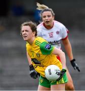 20 July 2019; Niamh Carr of Donegal in action against Aoibhinn McHugh of Tyrone during the TG4 All-Ireland Ladies Football Senior Championship Group 4 Round 2 match between Donegal and Tyrone at TEG Cusack Park in Mullingar, Co. Westmeath. Photo by Piaras Ó Mídheach/Sportsfile