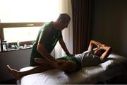 22 July 2019; Republic of Ireland team physiotherapist Michael Spillane works with Tyreik Wright at the Republic of Ireland team hotel during the 2019 UEFA European U19 Championships in Yerevan, Armenia. Photo by Stephen McCarthy/Sportsfile