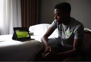 22 July 2019; Jonathan Afolabi watches the previous night's game back at the Republic of Ireland team hotel during the 2019 UEFA European U19 Championships in Yerevan, Armenia. Photo by Stephen McCarthy/Sportsfile