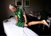 22 July 2019; Republic of Ireland team physiotherapist Michael Spillane works with Tyreik Wright at the Republic of Ireland team hotel during the 2019 UEFA European U19 Championships in Yerevan, Armenia. Photo by Stephen McCarthy/Sportsfile
