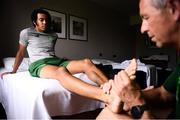 22 July 2019; Republic of Ireland team physiotherapist Michael Spillane works with Tyreik Wright at the Republic of Ireland team hotel during the 2019 UEFA European U19 Championships in Yerevan, Armenia. Photo by Stephen McCarthy/Sportsfile