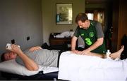 22 July 2019; Republic of Ireland team masseuse Mickey McGlynn works on Mark McGuinness at their team hotel during the 2019 UEFA European U19 Championships in Yerevan, Armenia. Photo by Stephen McCarthy/Sportsfile