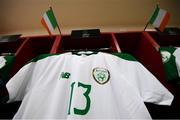 21 July 2019; The jersey of Jack James hangs in the Republic of Ireland dressing room prior to the 2019 UEFA U19 European Championship Finals group B match between Republic of Ireland and Czech Republic at the FFA Academy Stadium in Yerevan, Armenia. Photo by Stephen McCarthy/Sportsfile