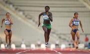 22 July 2019; Rhasidat Adeleke of Ireland, centre, on her way to finishing first in the girls 100m heat at the Tofiq Bahramov Republican Stadium during Day One of the 2019 Summer European Youth Olympic Festival in Baku, Azerbaijan. Photo by Eóin Noonan/Sportsfile