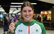 22 July 2019; Kate O’Connor with her silver medal from the Women's Heptathlon event on the return home of Team Ireland from the European Athletics U20 Athletics Championships at Dublin Airport. Photo by Piaras Ó Mídheach/Sportsfile