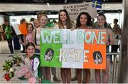 22 July 2019; Kate O’Connor, silver medal winner from the Women's Heptathlon event, with some of her supporters on the return home of Team Ireland from the European Athletics U20 Athletics Championships at Dublin Airport. Photo by Piaras Ó Mídheach/Sportsfile