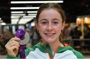 22 July 2019; Sarah Healy with her silver medal from the Women's 1500m event on the return home of Team Ireland from the European Athletics U20 Athletics Championships  at Dublin Airport. Photo by Piaras Ó Mídheach/Sportsfile