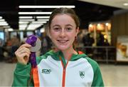 22 July 2019; Sarah Healy with her silver medal from the Women's 1500m event on the return home of Team Ireland from the European Athletics U20 Athletics Championships  at Dublin Airport. Photo by Piaras Ó Mídheach/Sportsfile