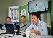 23 July 2019; Noel Mooney, FAI General Manager, right, speaking alongside Tim Crabbe, UEFA GROW Mentor, centre, and FAI Communications Director Cathal Dervan, during the Social Return On Investment report launch, carried out by UEFA, at Ratoath Harps in Rathoath, Co. Meath. Photo by Seb Daly/Sportsfile