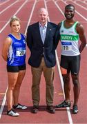 23 July 2019; In attendance at the Irish Life Health Senior Track and Field Championships Launch are, from left, Catherine McManus of Dublin City Harriers AC, Co. Dublin, Hamish Adams, Athletics Ireland CEO, and Brandon Arrey of Raheny Shamrocks AC, Co. Dublin, at Morton Stadium in Santry, Co Dublin. Photo by Sam Barnes/Sportsfile