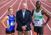 23 July 2019; In attendance at the Irish Life Health Senior Track and Field Championships Launch are, from left, Catherine McManus of Dublin City Harriers AC, Co. Dublin, Hamish Adams, Athletics Ireland CEO, and Brandon Arrey of Raheny Shamrocks AC, Co. Dublin, at Morton Stadium in Santry, Co Dublin. Photo by Sam Barnes/Sportsfile