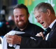 23 July 2019; The 2019 Open Champion Shane Lowry, left, is presented with a Clara GAA jersey by Michéal O Muircheartaigh at his homecoming event in Clara in Offaly. Photo by Seb Daly/Sportsfile