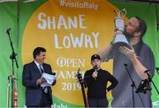 23 July 2019; Conor Moore, of Conor Sketches, performing alongside MC Des Cahill at the The 2019 Open Champion Shane Lowry's homecoming event in Clara in Offaly. Photo by Piaras Ó Mídheach/Sportsfile
