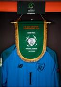 24 July 2019; The jersey of Brian Maher hangs in the Republic of Ireland dressing room prior to the 2019 UEFA U19 Championships semi-final match between Portugal and Republic of Ireland at Banants Stadium in Yerevan, Armenia. Photo by Stephen McCarthy/Sportsfile