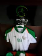 24 July 2019; The jersey of Joe Hodge hangs in the Republic of Ireland dressing room prior to the 2019 UEFA U19 Championships semi-final match between Portugal and Republic of Ireland at Banants Stadium in Yerevan, Armenia. Photo by Stephen McCarthy/Sportsfile