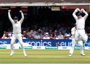 24 July 2019; Fielders Andrew Balbirnie, left, and Gary Wilson celebrate the final England wicket of Ollie Stone during day one of the Specsavers Test Match between Ireland and England at Lords Cricket Ground in London, England. Photo by Matt Impey/Sportsfile