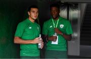 24 July 2019; Ali Reghba, left, and Jonathan Afolabi of Republic of Ireland prior to the 2019 UEFA U19 Championships semi-final match between Portugal and Republic of Ireland at Banants Stadium in Yerevan, Armenia. Photo by Stephen McCarthy/Sportsfile