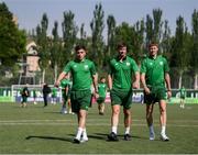 24 July 2019; Republic of Ireland players, from left, Jack James, George McMahon and Mark McGuinness prior to the 2019 UEFA U19 Championships semi-final match between Portugal and Republic of Ireland at Banants Stadium in Yerevan, Armenia. Photo by Stephen McCarthy/Sportsfile